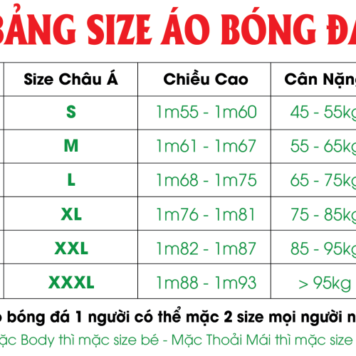 Bang size ao bong da Chau A 1